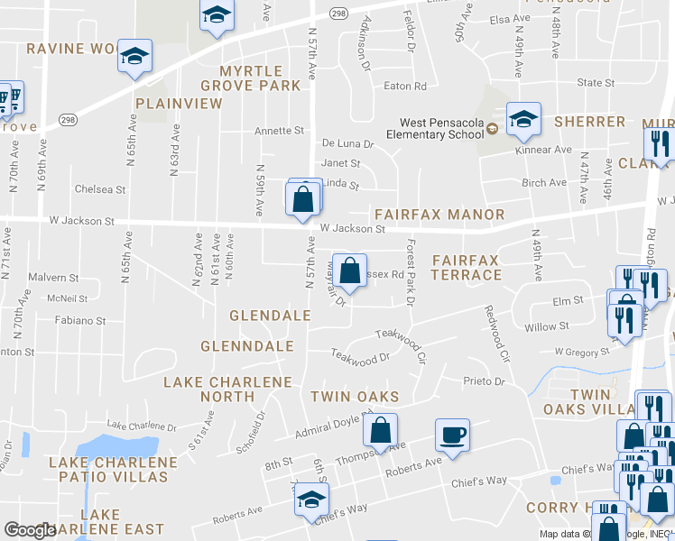 map of restaurants, bars, coffee shops, grocery stores, and more near 5552 Mayfair Drive in Pensacola