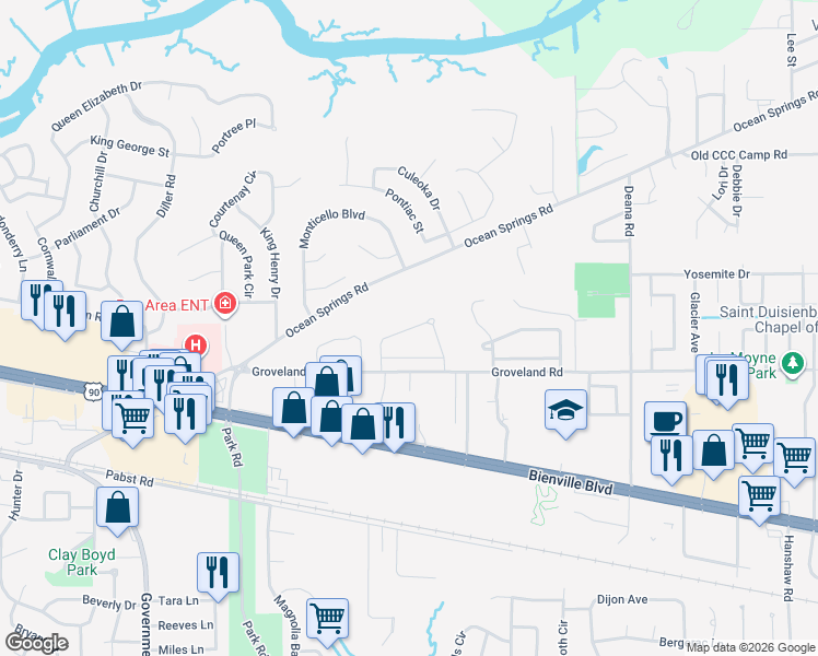 map of restaurants, bars, coffee shops, grocery stores, and more near Clear Springs Circle in Ocean Springs