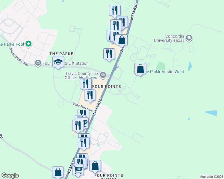 map of restaurants, bars, coffee shops, grocery stores, and more near 8111 North FM 620 in Austin