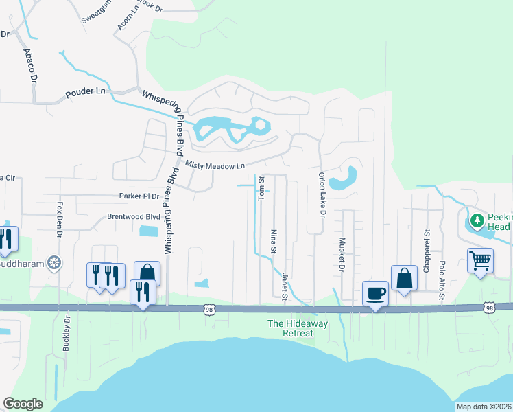 map of restaurants, bars, coffee shops, grocery stores, and more near 2270 Jeannie Street in Navarre