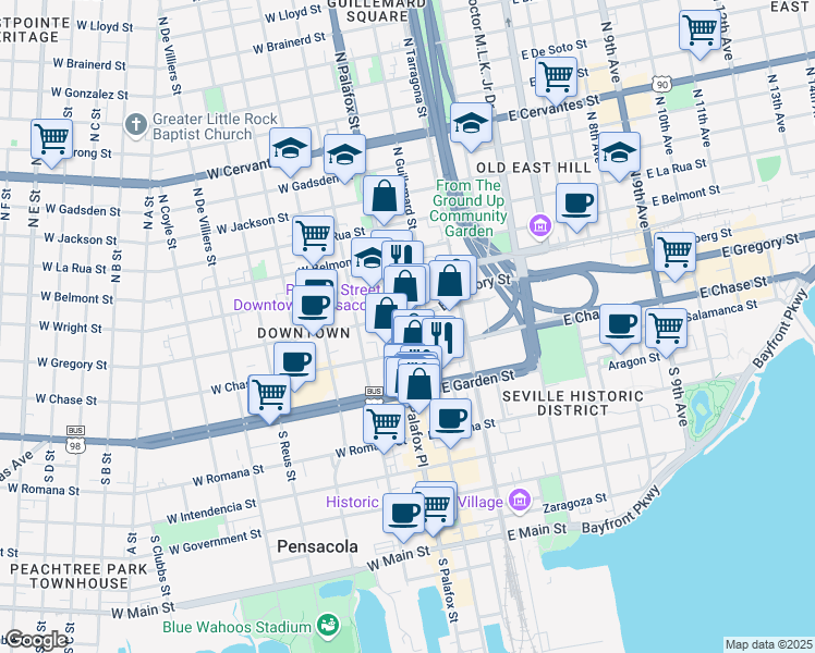 map of restaurants, bars, coffee shops, grocery stores, and more near 10 W Gregory St in Pensacola