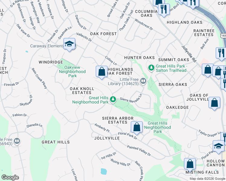 map of restaurants, bars, coffee shops, grocery stores, and more near 10913 Sierra Oaks in Austin