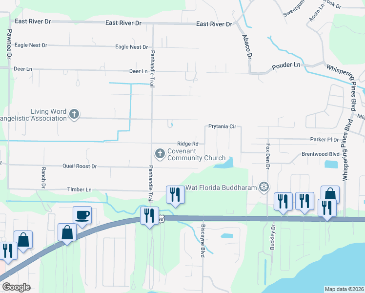 map of restaurants, bars, coffee shops, grocery stores, and more near 9261 Ridge Road in Navarre