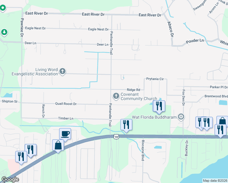 map of restaurants, bars, coffee shops, grocery stores, and more near 2241 Panhandle Trail in Navarre