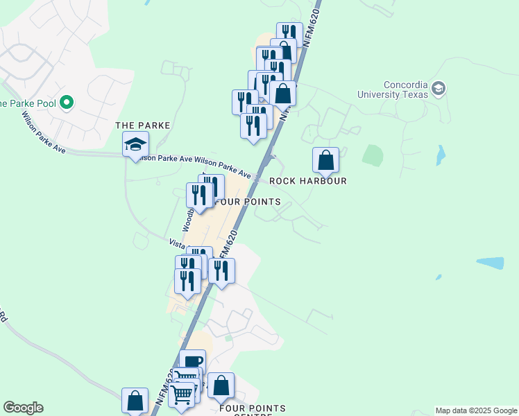 map of restaurants, bars, coffee shops, grocery stores, and more near 8021 North FM 620 in Austin