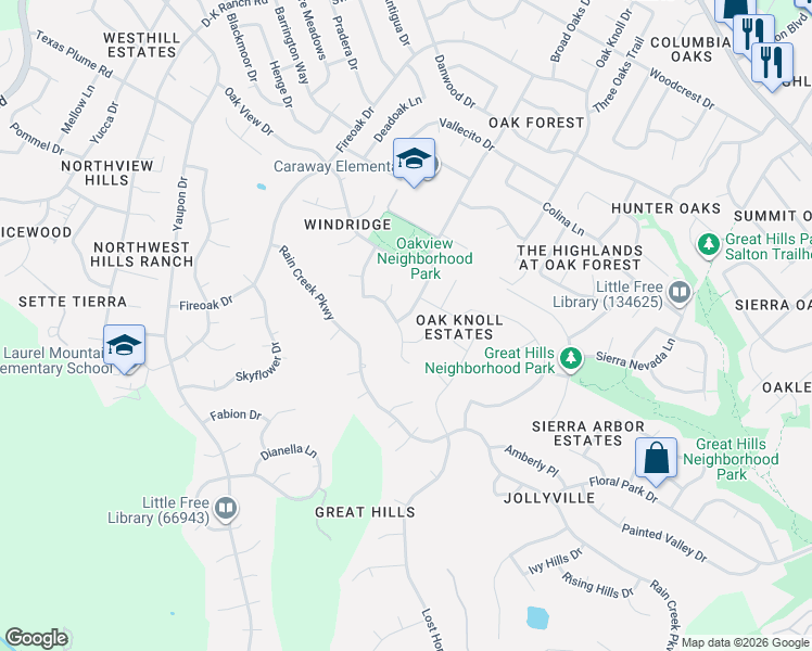 map of restaurants, bars, coffee shops, grocery stores, and more near 6900 Bayridge Terrace in Austin
