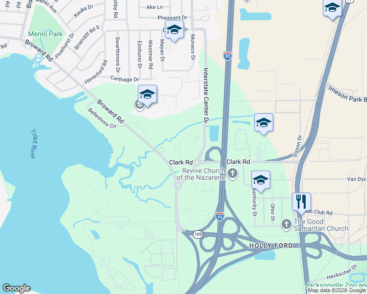map of restaurants, bars, coffee shops, grocery stores, and more near 467 Clark Road in Jacksonville