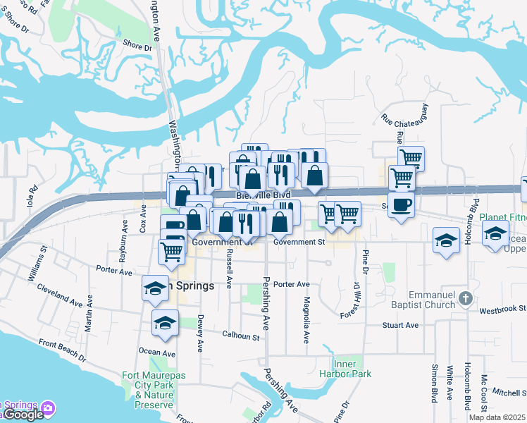 map of restaurants, bars, coffee shops, grocery stores, and more near 819 Pershing Avenue in Ocean Springs
