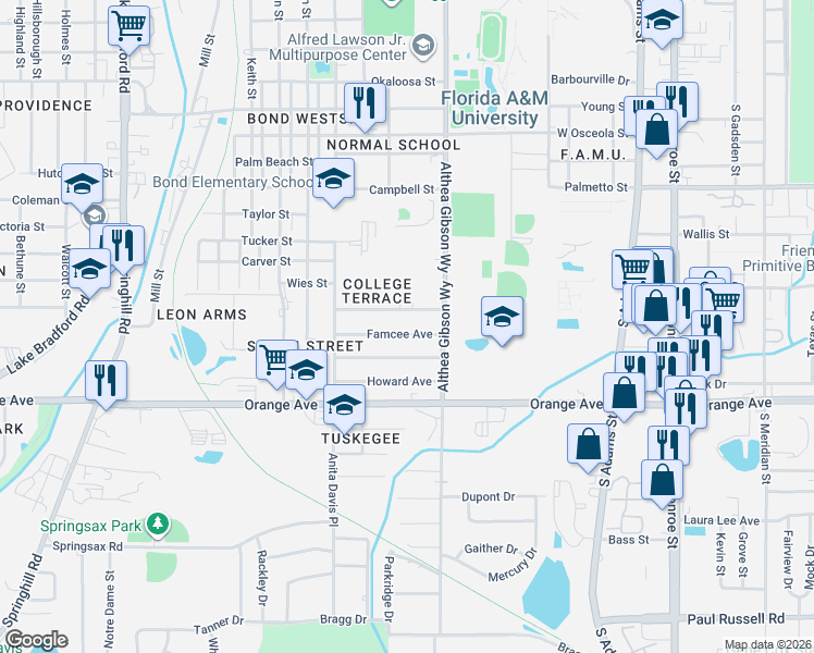 map of restaurants, bars, coffee shops, grocery stores, and more near 601 Gore Avenue in Tallahassee