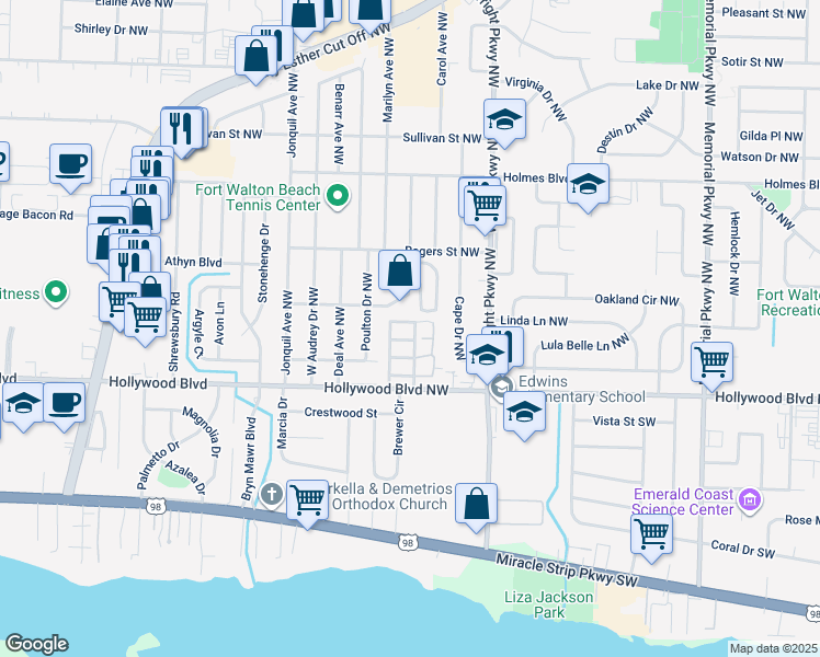 map of restaurants, bars, coffee shops, grocery stores, and more near 413 Odin Lane Northwest in Mary Esther