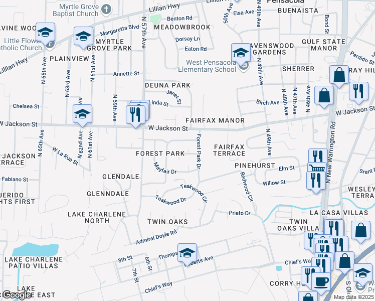 map of restaurants, bars, coffee shops, grocery stores, and more near 5505 Lynwood Road in Pensacola