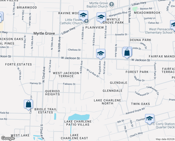 map of restaurants, bars, coffee shops, grocery stores, and more near 6417 West La Rua Street in Pensacola