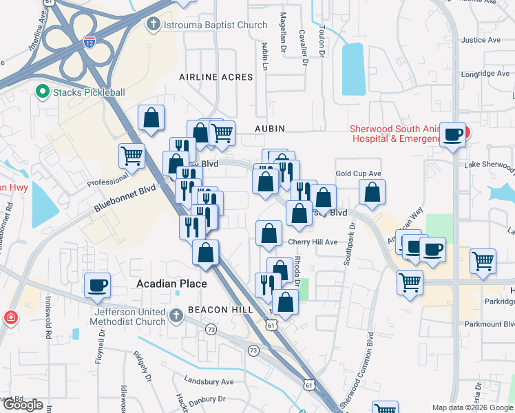 map of restaurants, bars, coffee shops, grocery stores, and more near 10606 Coursey Boulevard in Baton Rouge