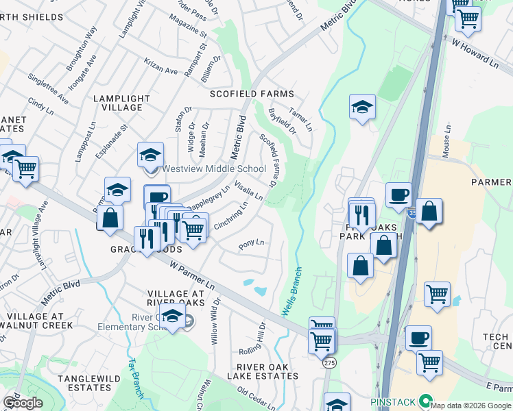 map of restaurants, bars, coffee shops, grocery stores, and more near 1505 Visalia Lane in Austin