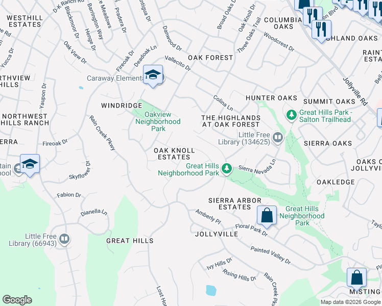 map of restaurants, bars, coffee shops, grocery stores, and more near 6611 Manzanita Street in Austin