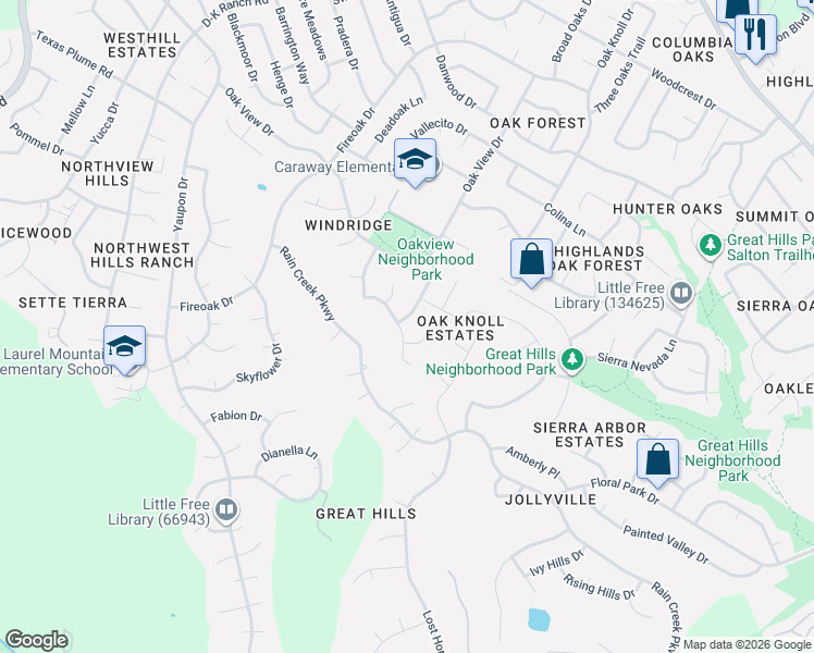 map of restaurants, bars, coffee shops, grocery stores, and more near 6900 Bayridge Terrace in Austin