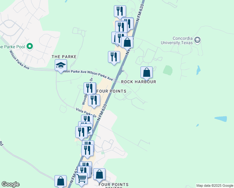 map of restaurants, bars, coffee shops, grocery stores, and more near 8111 North FM 620 in Austin
