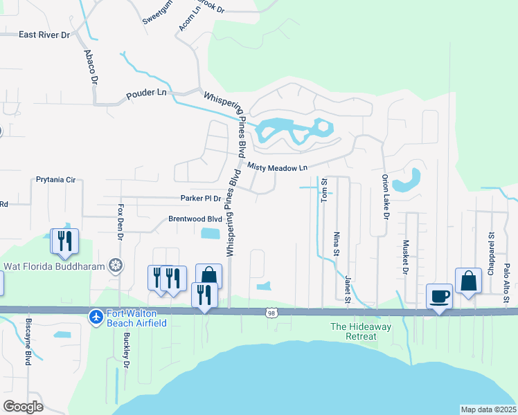 map of restaurants, bars, coffee shops, grocery stores, and more near 2244 Reed Ridge Court in Navarre