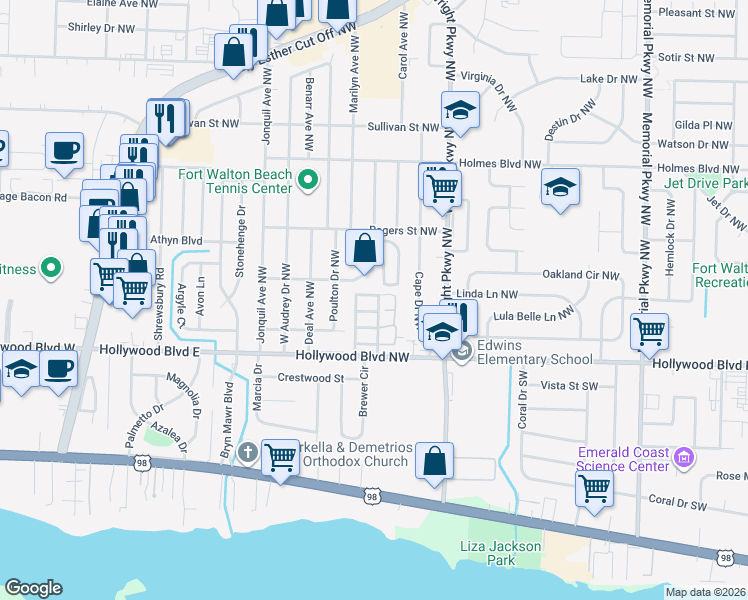 map of restaurants, bars, coffee shops, grocery stores, and more near 413 Odin Lane Northwest in Mary Esther