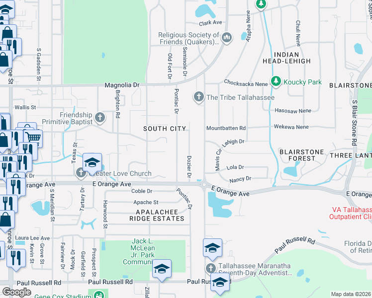 map of restaurants, bars, coffee shops, grocery stores, and more near 2312 Dozier Drive in Tallahassee