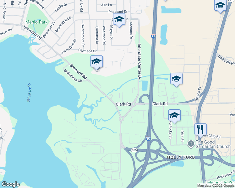 map of restaurants, bars, coffee shops, grocery stores, and more near 549 Clark Road in Jacksonville