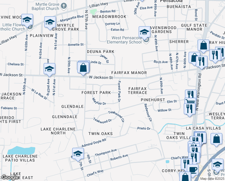 map of restaurants, bars, coffee shops, grocery stores, and more near 5505 Lynwood Road in Pensacola