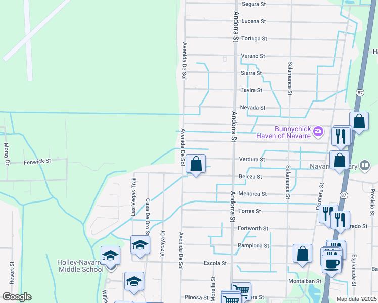 map of restaurants, bars, coffee shops, grocery stores, and more near 2226 Avenida De Sol in Navarre