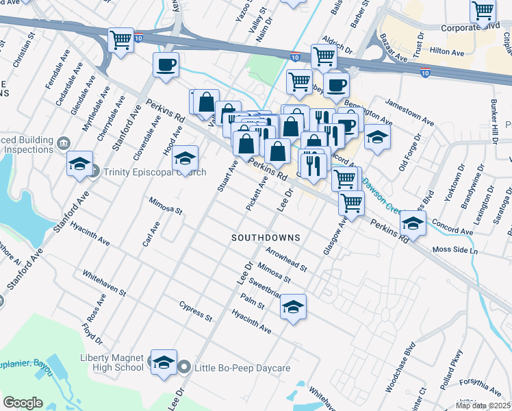 map of restaurants, bars, coffee shops, grocery stores, and more near 4414 Tupello Street in Baton Rouge