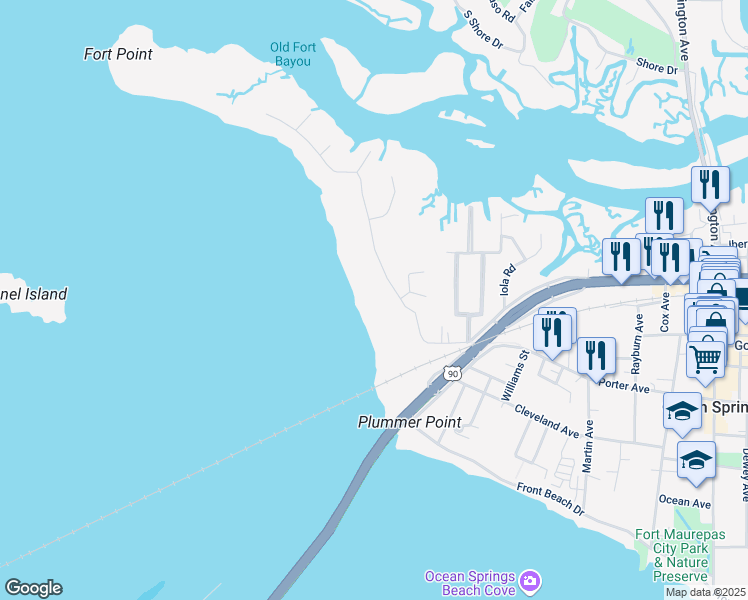 map of restaurants, bars, coffee shops, grocery stores, and more near 331 Lovers Lane in Ocean Springs