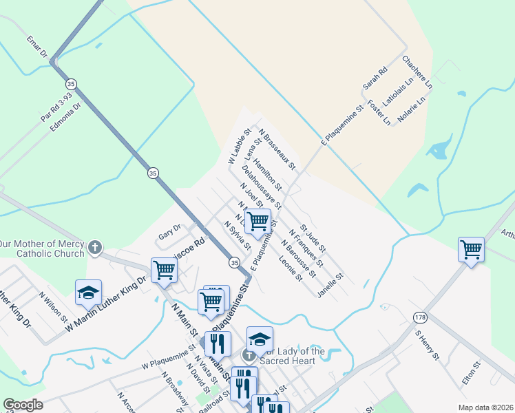 map of restaurants, bars, coffee shops, grocery stores, and more near 547 North Joel Street in Church Point