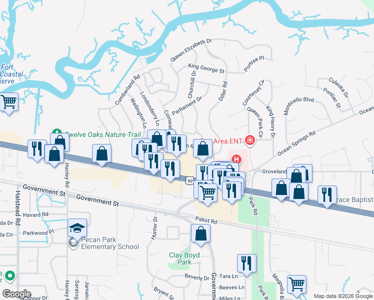 map of restaurants, bars, coffee shops, grocery stores, and more near 3244 Nottingham Road in Ocean Springs