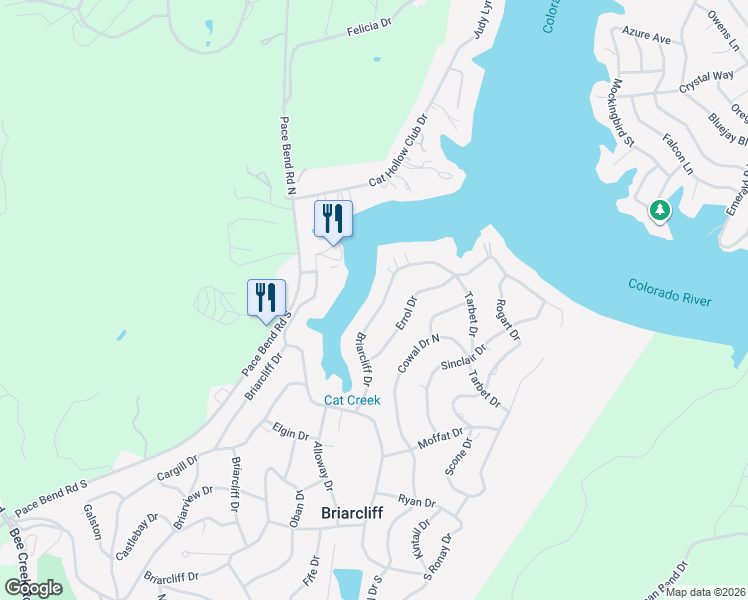 map of restaurants, bars, coffee shops, grocery stores, and more near 22010 Briarcliff Drive in Spicewood