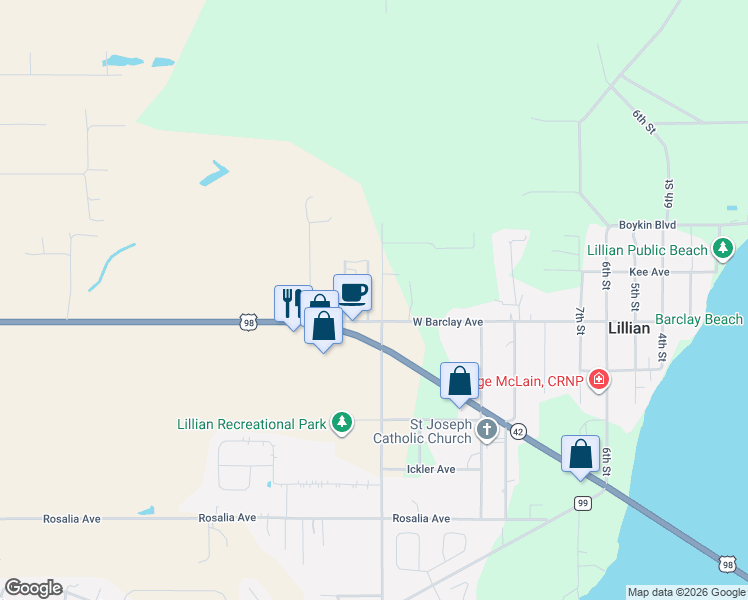 map of restaurants, bars, coffee shops, grocery stores, and more near 13076 Concord Drive East in Lillian