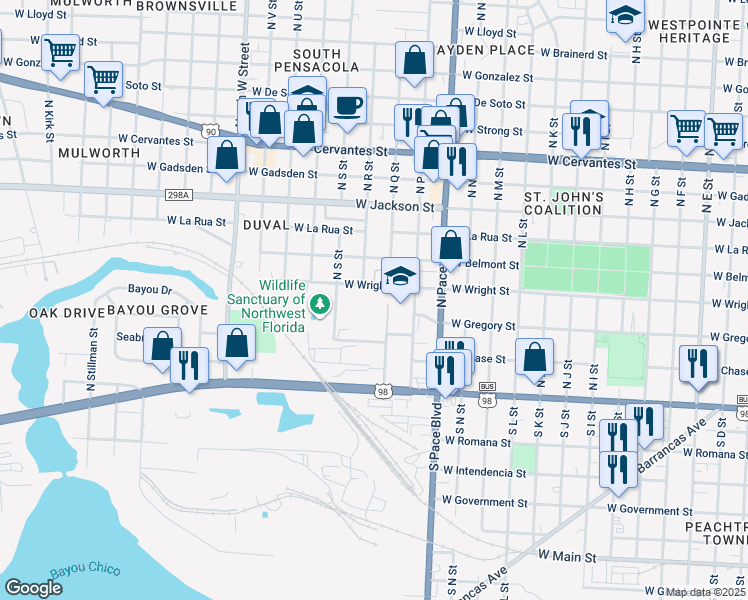 map of restaurants, bars, coffee shops, grocery stores, and more near 2300 West Wright Street in Pensacola