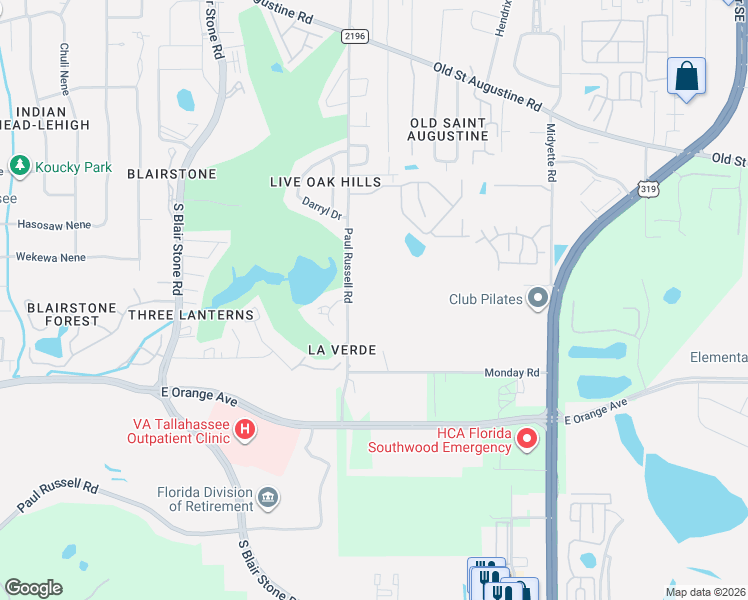 map of restaurants, bars, coffee shops, grocery stores, and more near 1643 Paul Russell Road in Tallahassee