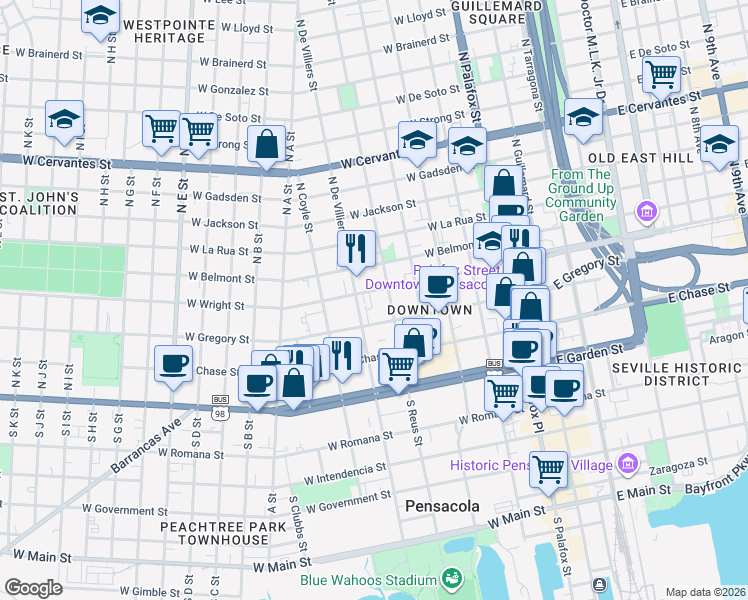 map of restaurants, bars, coffee shops, grocery stores, and more near 415 West Wright Street in Pensacola