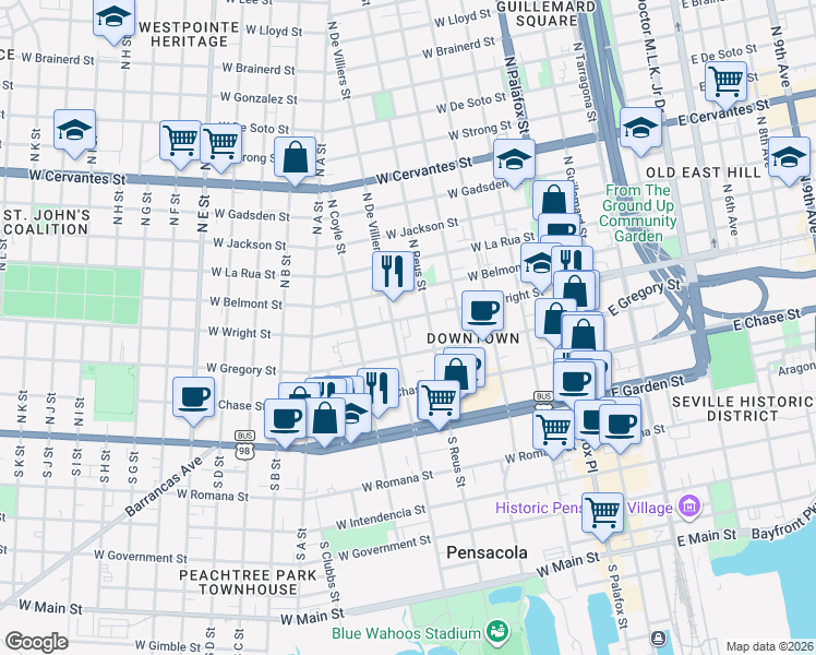 map of restaurants, bars, coffee shops, grocery stores, and more near 290 Junction Avenue in Pensacola
