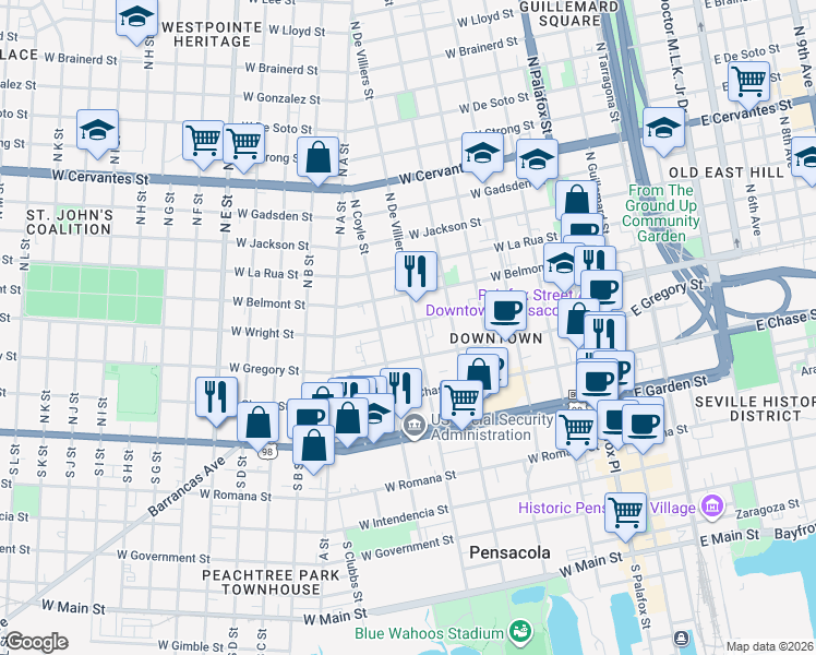 map of restaurants, bars, coffee shops, grocery stores, and more near 514 West Wright Street in Pensacola