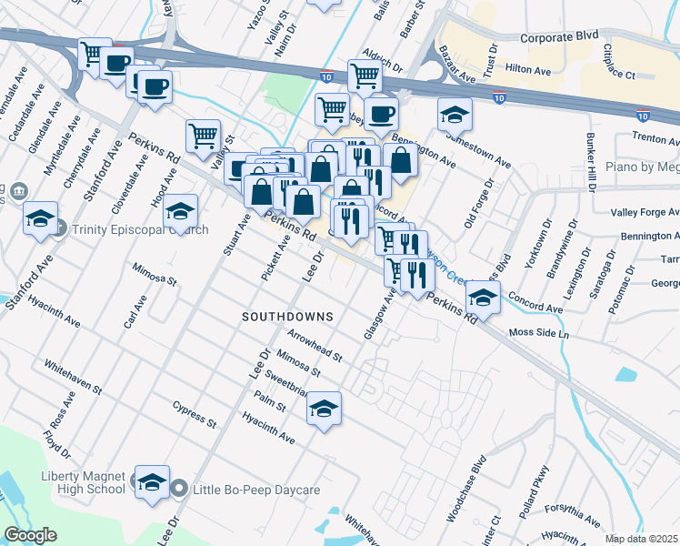 map of restaurants, bars, coffee shops, grocery stores, and more near 4536 Perkins Road in Baton Rouge