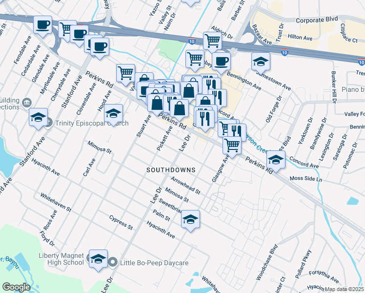 map of restaurants, bars, coffee shops, grocery stores, and more near 4454 Poplar Street in Baton Rouge