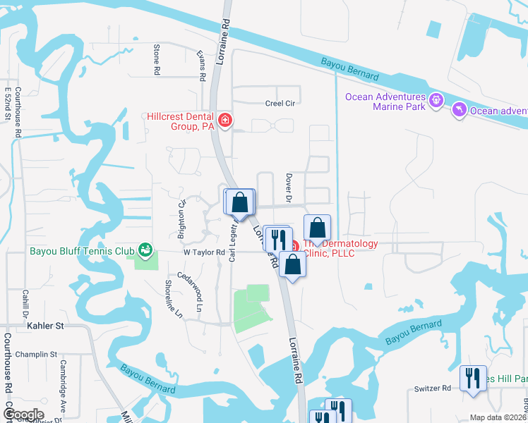map of restaurants, bars, coffee shops, grocery stores, and more near 115 Brentwood Boulevard in Gulfport
