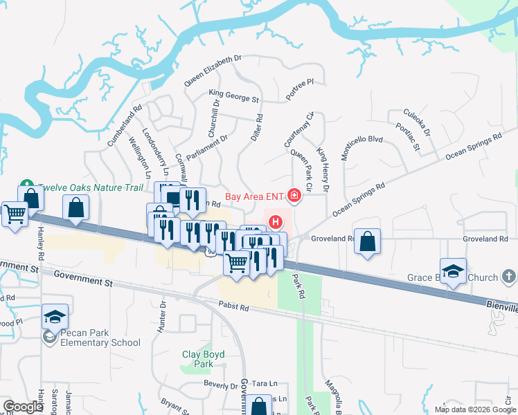 map of restaurants, bars, coffee shops, grocery stores, and more near 3303 Nottingham Road in Ocean Springs