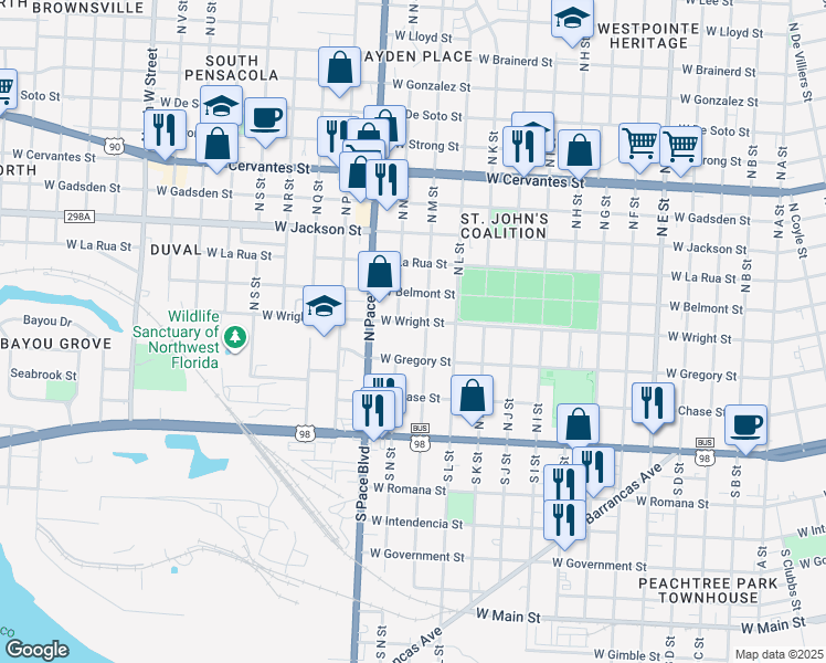 map of restaurants, bars, coffee shops, grocery stores, and more near 1907 West Wright Street in Pensacola