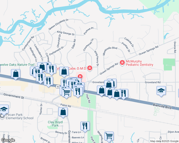map of restaurants, bars, coffee shops, grocery stores, and more near 1145 Ocean Springs Road in Ocean Springs