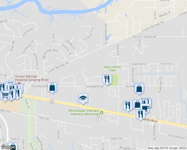 map of restaurants, bars, coffee shops, grocery stores, and more near 3811 Timber Lake Drive in Ocean Springs