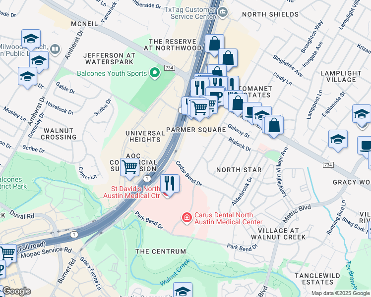 map of restaurants, bars, coffee shops, grocery stores, and more near 12309 North Mopac Expressway in Austin