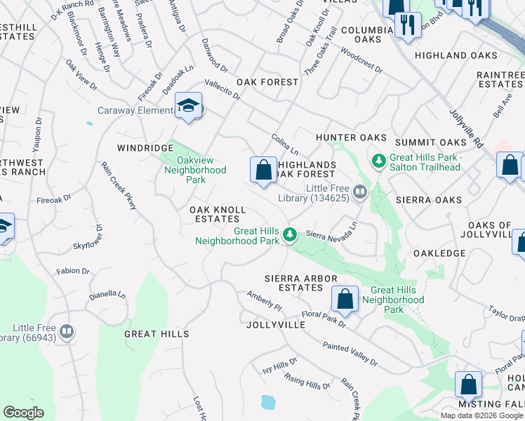map of restaurants, bars, coffee shops, grocery stores, and more near 10815 Sans Souci Place in Austin