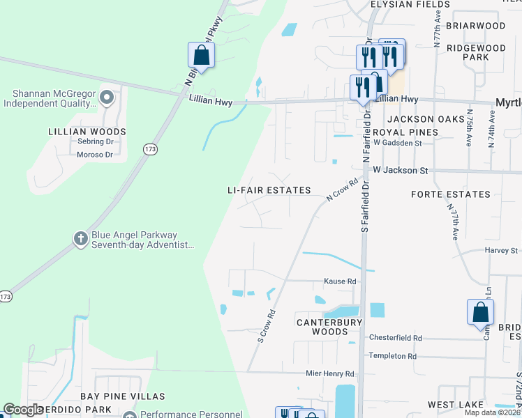 map of restaurants, bars, coffee shops, grocery stores, and more near 444 Belle Chasse Drive in Pensacola
