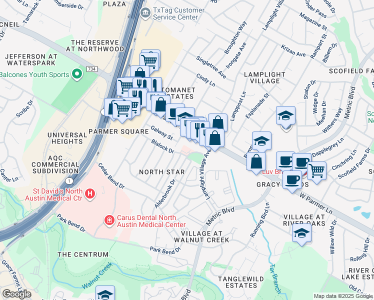 map of restaurants, bars, coffee shops, grocery stores, and more near 12414 Alderbrook Drive in Austin