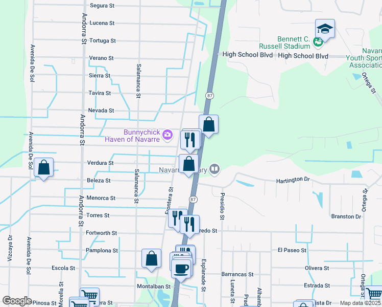 map of restaurants, bars, coffee shops, grocery stores, and more near 2212 Florida 87 in Navarre